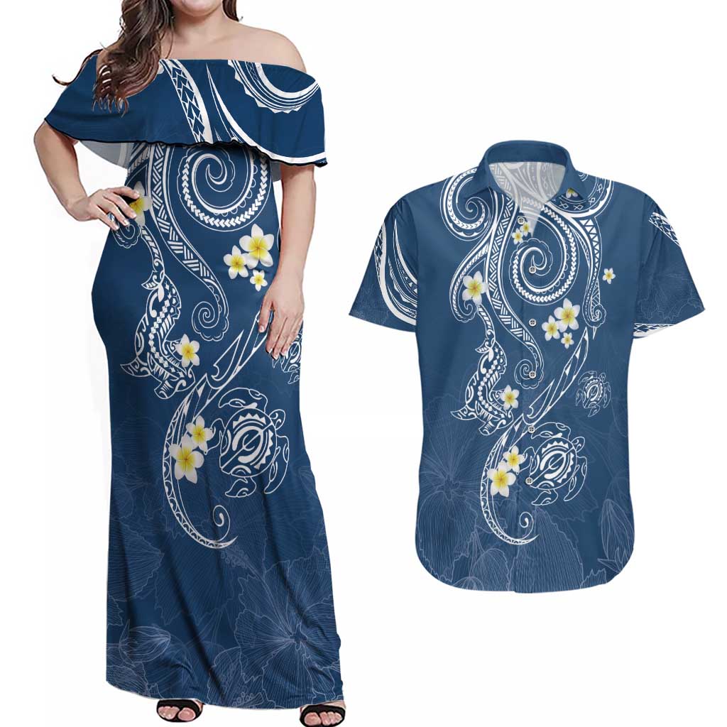 Polynesia Tribal Couples Matching Off Shoulder Maxi Dress and Hawaiian Shirt Deep Blue Plumeria Tentacles