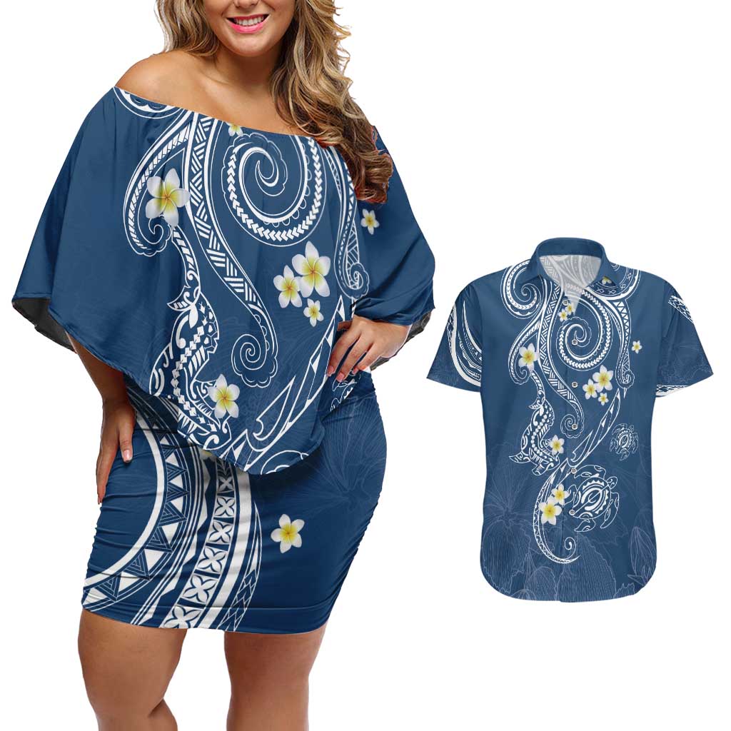 Polynesia Tribal Couples Matching Off Shoulder Short Dress and Hawaiian Shirt Deep Blue Plumeria Tentacles