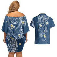 Polynesia Tribal Couples Matching Off Shoulder Short Dress and Hawaiian Shirt Deep Blue Plumeria Tentacles