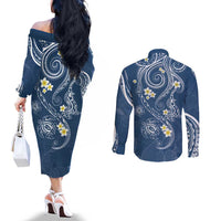 Polynesia Tribal Couples Matching Off The Shoulder Long Sleeve Dress and Long Sleeve Button Shirt Deep Blue Plumeria Tentacles LT7 - Polynesian Pride