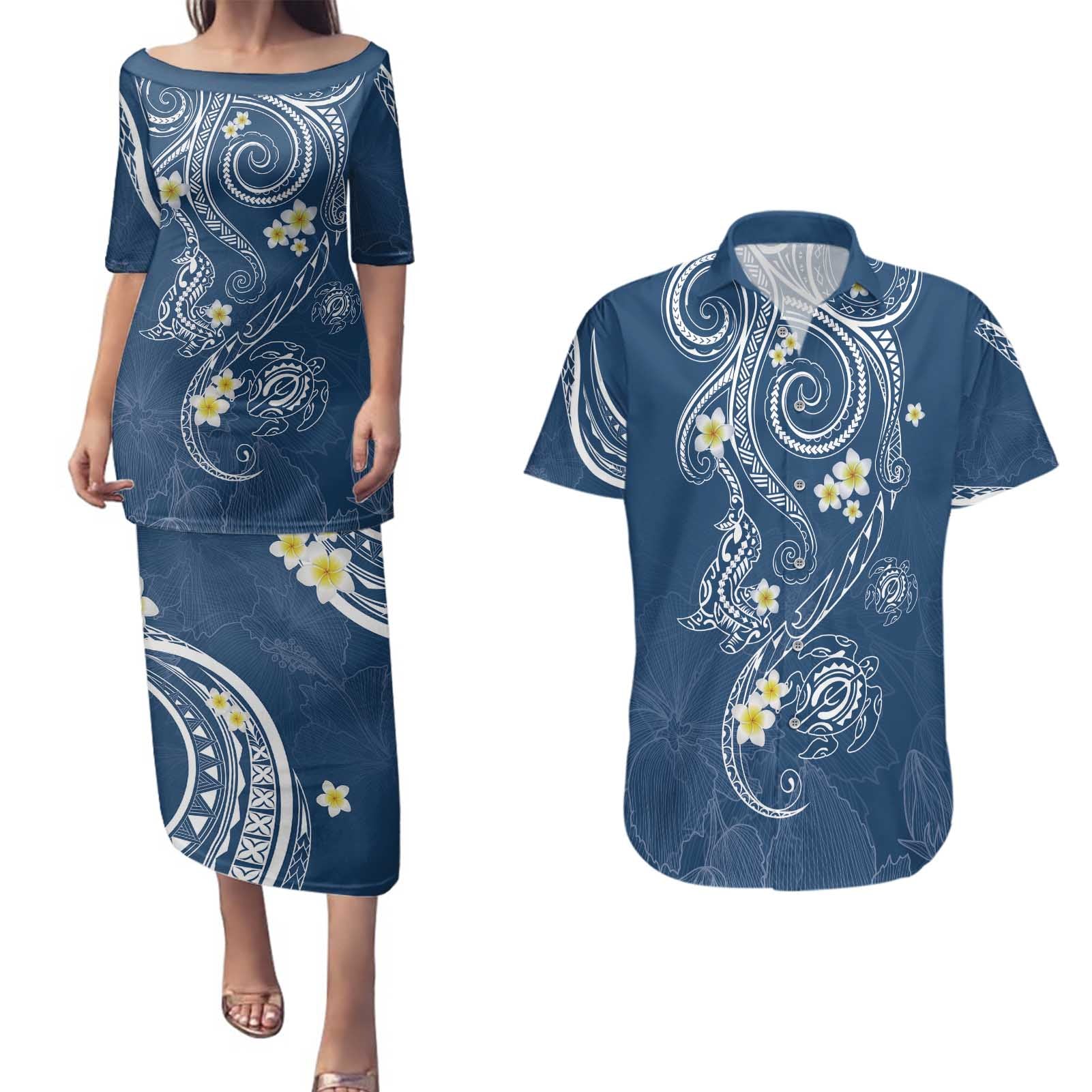 Polynesia Tribal Couples Matching Puletasi and Hawaiian Shirt Deep Blue Plumeria Tentacles