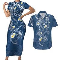 Polynesia Tribal Couples Matching Short Sleeve Bodycon Dress and Hawaiian Shirt Deep Blue Plumeria Tentacles