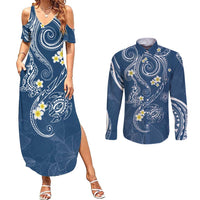 Polynesia Tribal Couples Matching Summer Maxi Dress and Long Sleeve Button Shirt Deep Blue Plumeria Tentacles LT7 Blue - Polynesian Pride