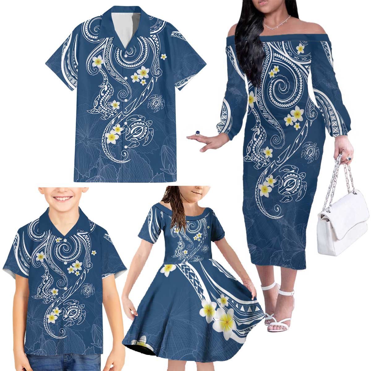 Polynesia Tribal Family Matching Off The Shoulder Long Sleeve Dress and Hawaiian Shirt Deep Blue Plumeria Tentacles