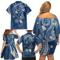 Polynesia Tribal Family Matching Off Shoulder Short Dress and Hawaiian Shirt Deep Blue Plumeria Tentacles