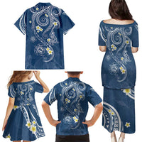 Polynesia Tribal Family Matching Puletasi and Hawaiian Shirt Deep Blue Plumeria Tentacles