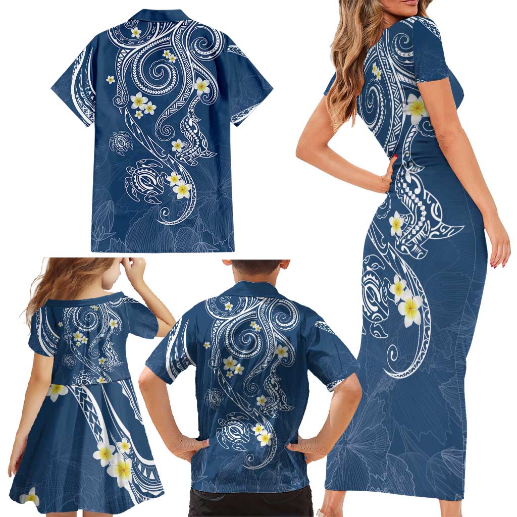 Polynesia Tribal Family Matching Short Sleeve Bodycon Dress and Hawaiian Shirt Deep Blue Plumeria Tentacles