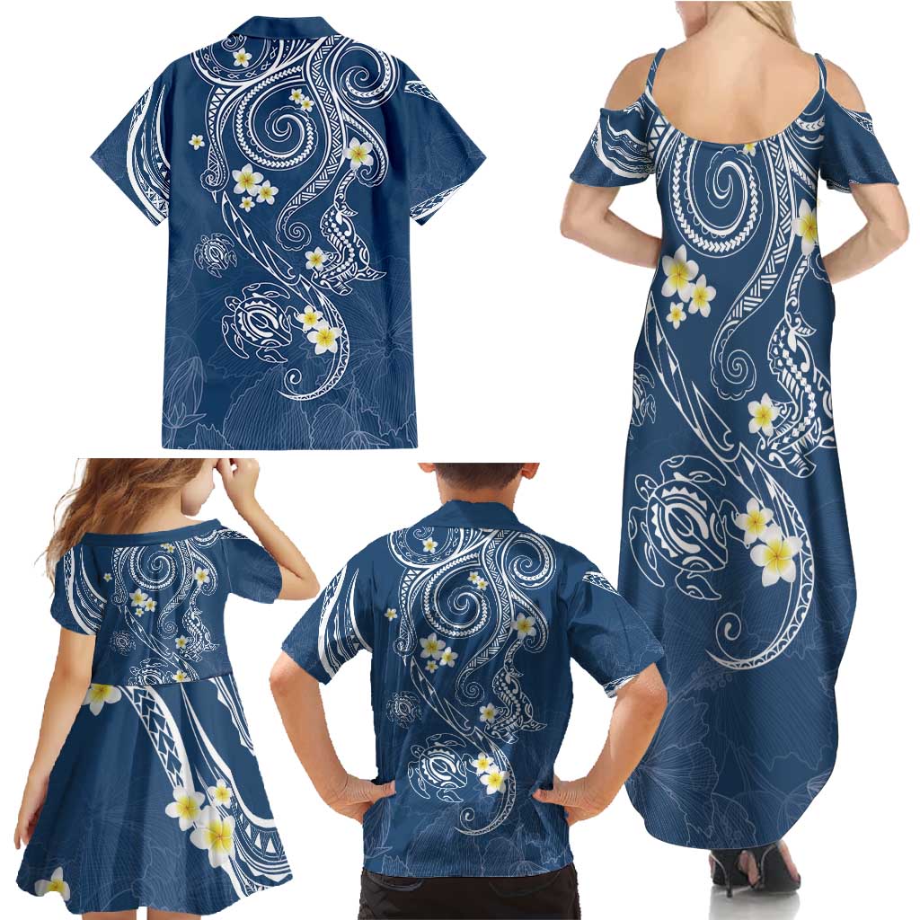 Polynesia Tribal Family Matching Summer Maxi Dress and Hawaiian Shirt Deep Blue Plumeria Tentacles