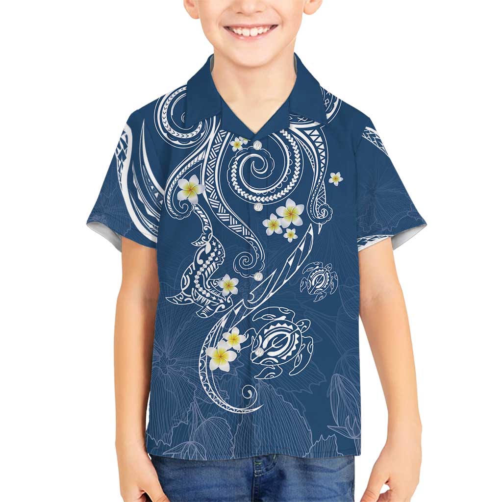Polynesia Tribal Family Matching Tank Maxi Dress and Hawaiian Shirt Deep Blue Plumeria Tentacles