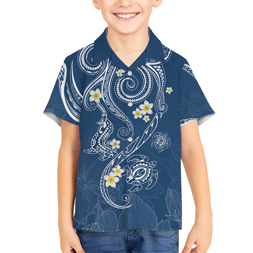Polynesia Tribal Kid Hawaiian Shirt Deep Blue Plumeria Tentacles LT7 Kid Blue - Polynesian Pride