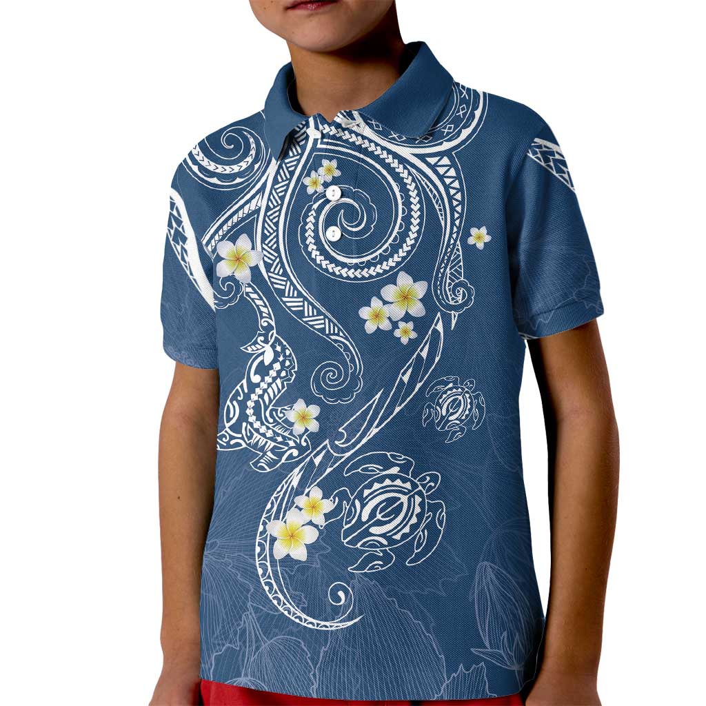 Polynesia Tribal Kid Polo Shirt Deep Blue Plumeria Tentacles LT7 Kid Blue - Polynesian Pride