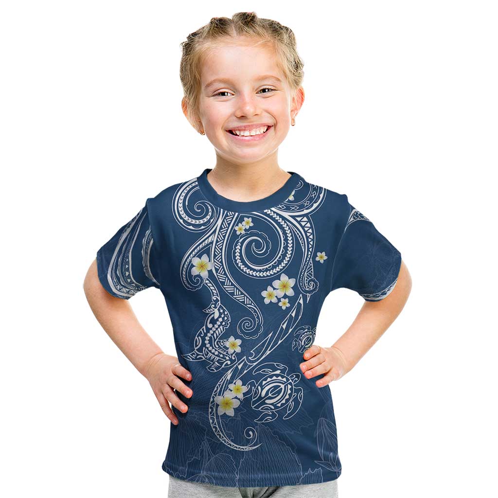 Polynesia Tribal Kid T Shirt Deep Blue Plumeria Tentacles