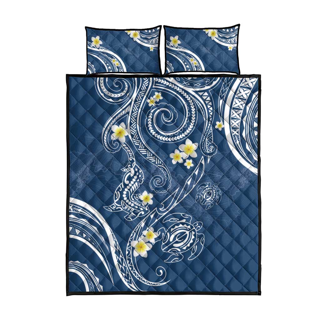 Polynesia Tribal Quilt Bed Set Deep Blue Plumeria Tentacles