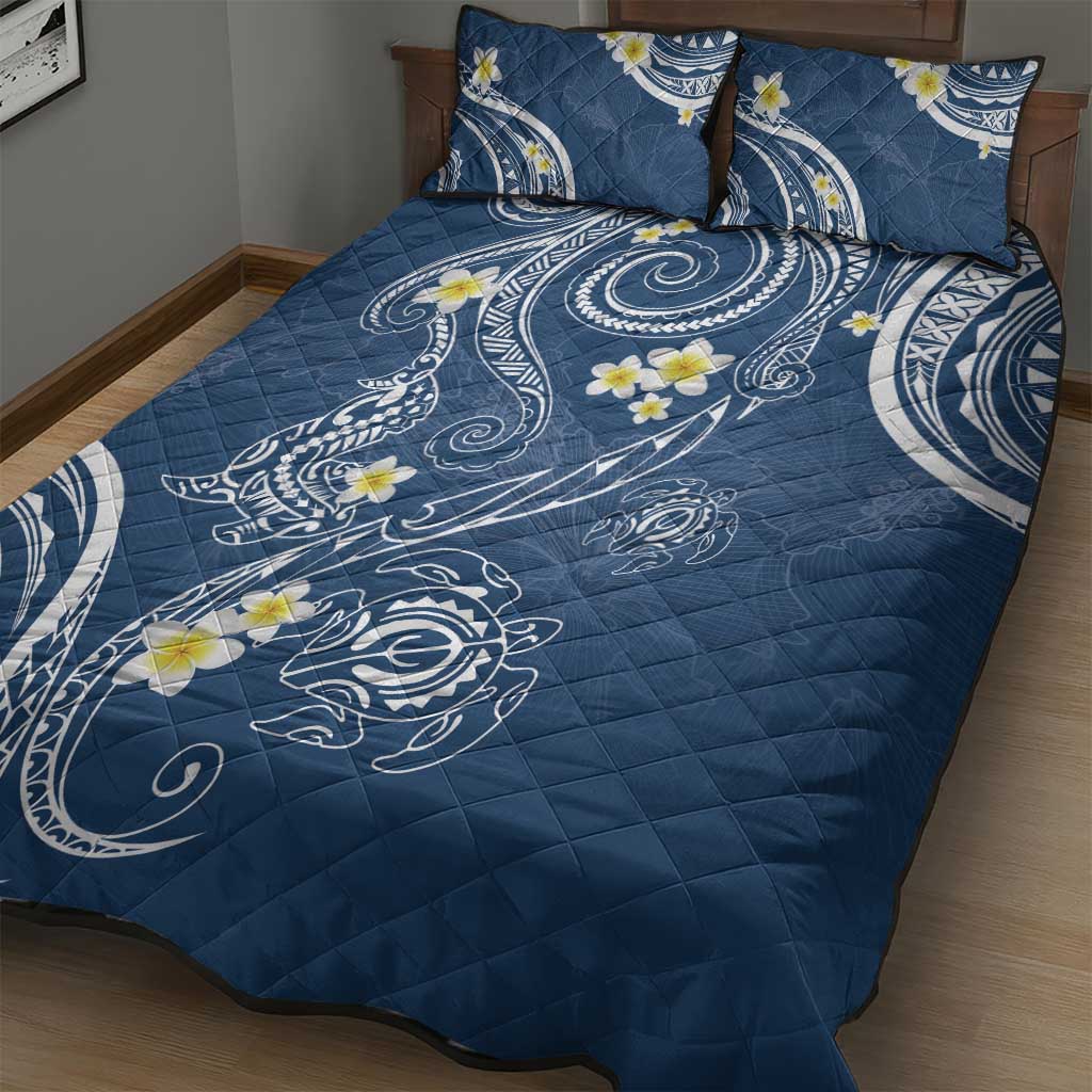Polynesia Tribal Quilt Bed Set Deep Blue Plumeria Tentacles