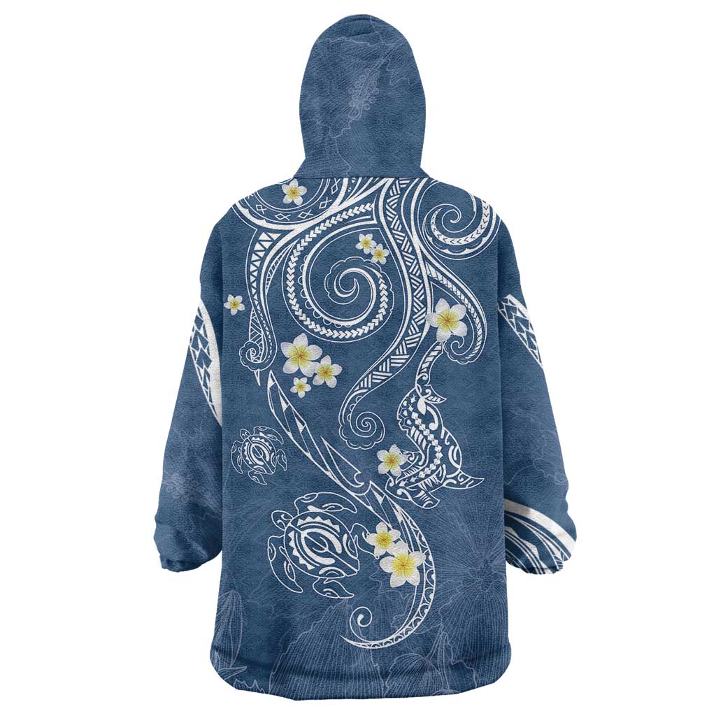 Polynesia Tribal Wearable Blanket Hoodie Deep Blue Plumeria Tentacles