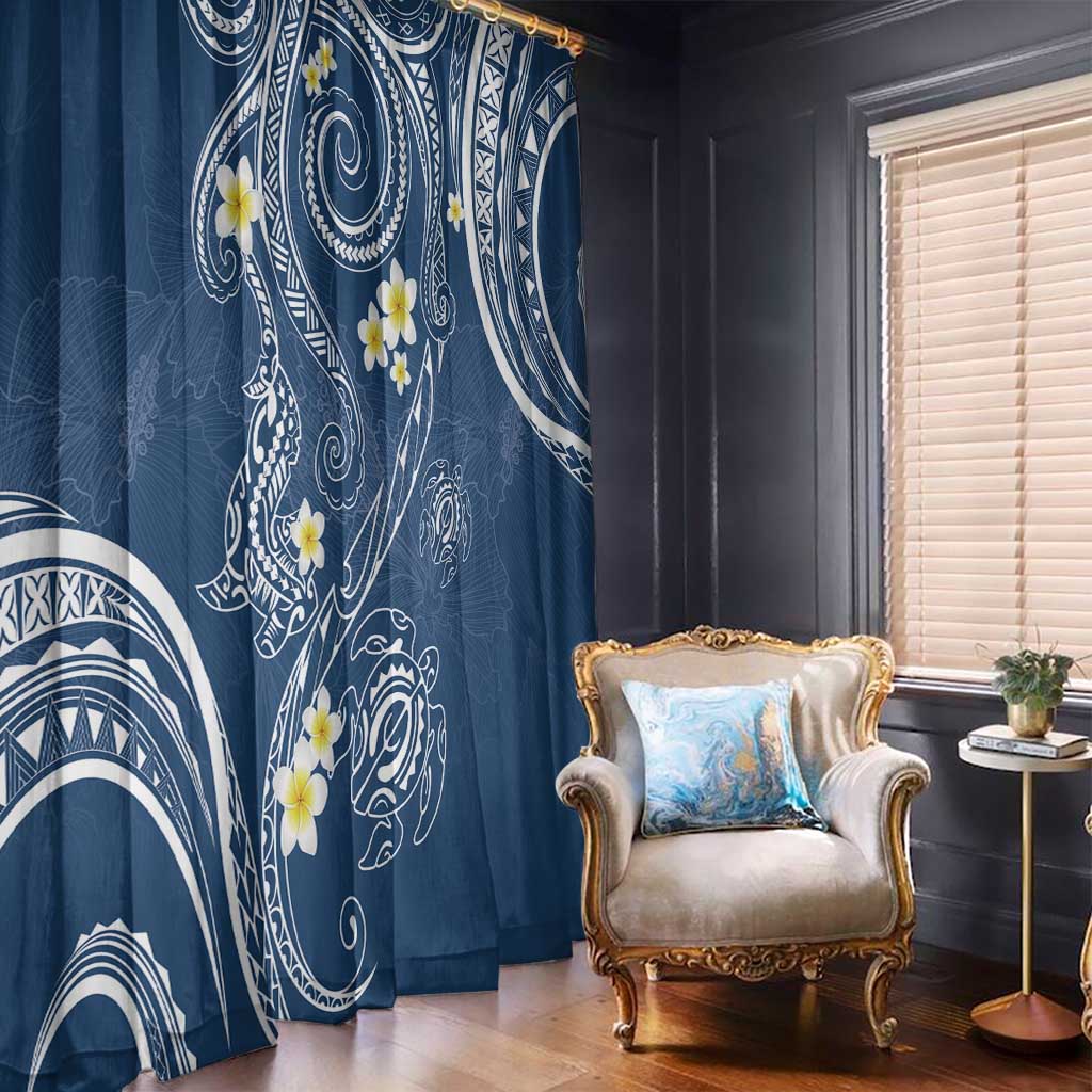 Polynesia Tribal Window Curtain Deep Blue Plumeria Tentacles
