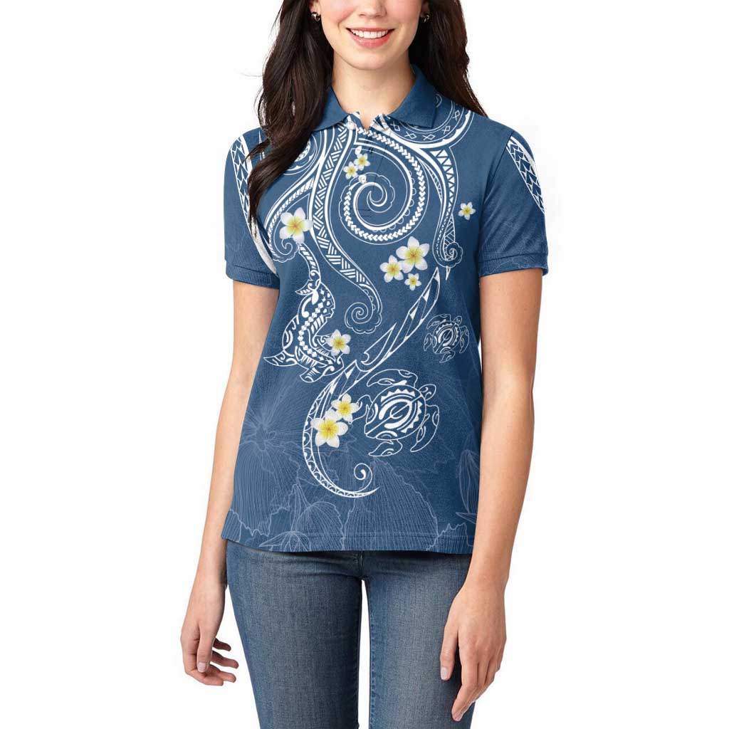 Polynesia Tribal Women Polo Shirt Deep Blue Plumeria Tentacles
