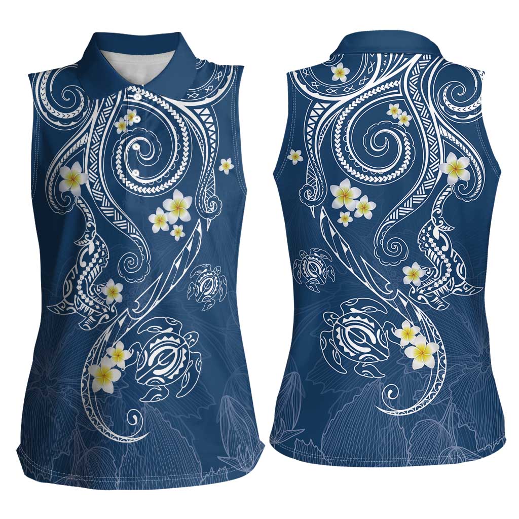 Polynesia Tribal Women Sleeveless Polo Shirt Deep Blue Plumeria Tentacles