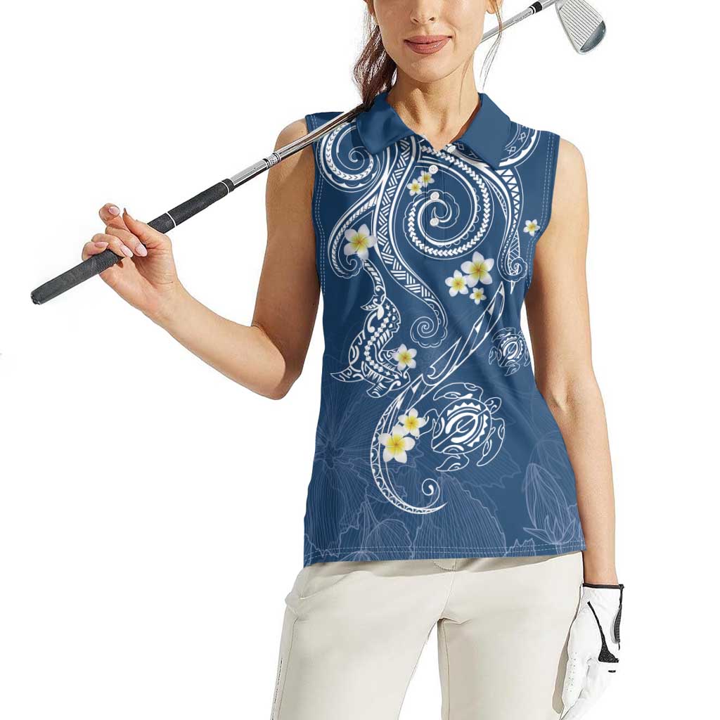 Polynesia Tribal Women Sleeveless Polo Shirt Deep Blue Plumeria Tentacles