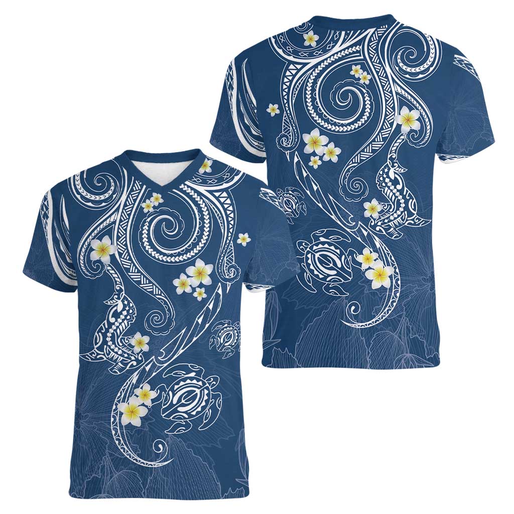 Polynesia Tribal Women V-Neck T-Shirt Deep Blue Plumeria Tentacles