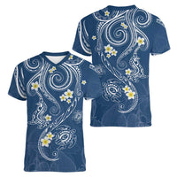 Polynesia Tribal Women V-Neck T-Shirt Deep Blue Plumeria Tentacles