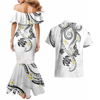 Polynesia Tribal Couples Matching Mermaid Dress and Hawaiian Shirt White Plumeria Tentacles