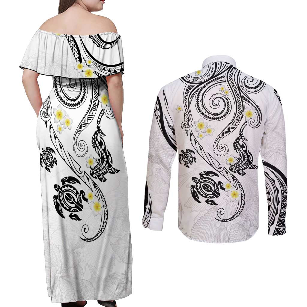 Polynesia Tribal Couples Matching Off Shoulder Maxi Dress and Long Sleeve Button Shirt White Plumeria Tentacles LT7 - Polynesian Pride