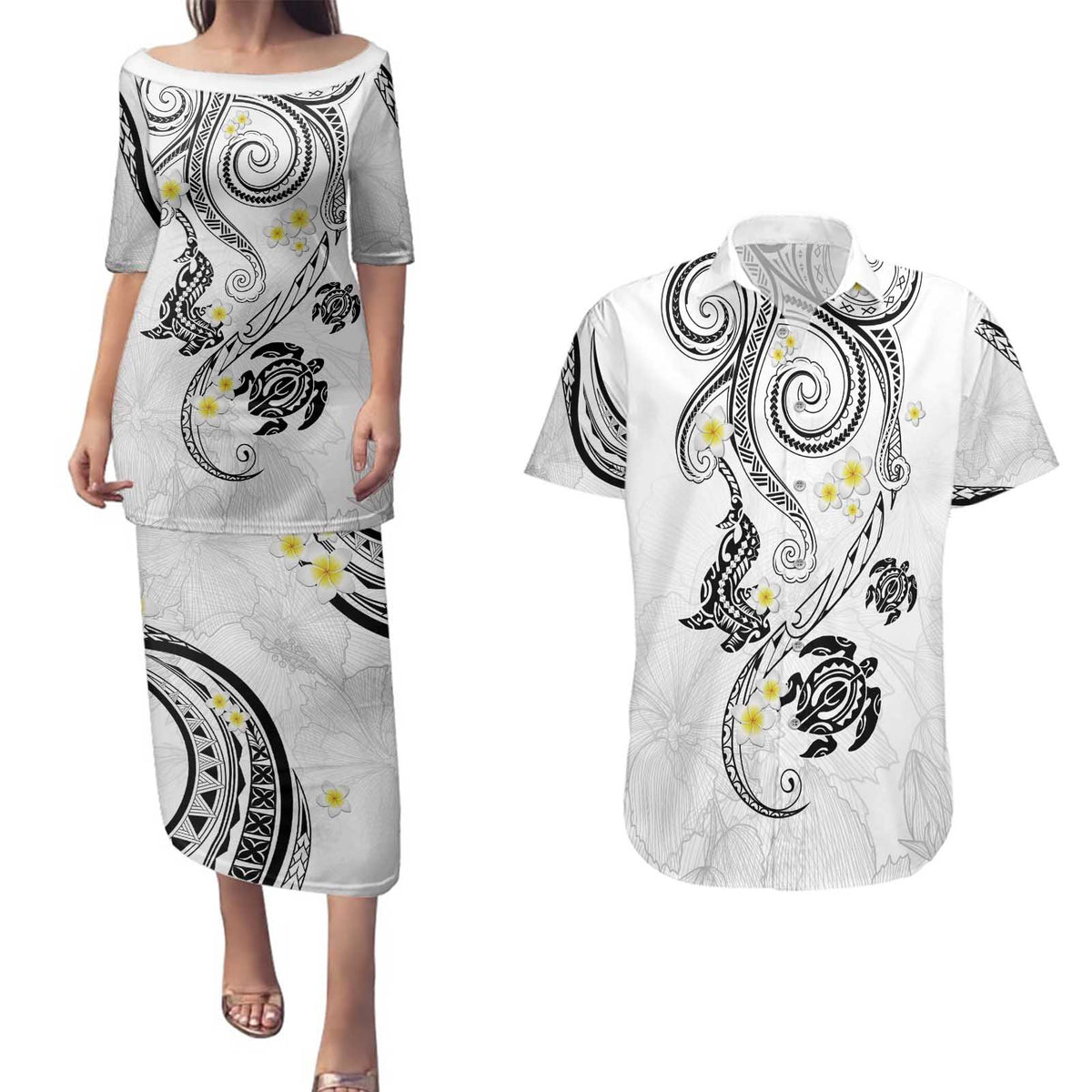 Polynesia Tribal Couples Matching Puletasi and Hawaiian Shirt White Plumeria Tentacles