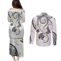 Polynesia Tribal Couples Matching Puletasi and Long Sleeve Button Shirt White Plumeria Tentacles LT7 - Polynesian Pride