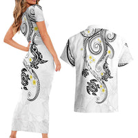 Polynesia Tribal Couples Matching Short Sleeve Bodycon Dress and Hawaiian Shirt White Plumeria Tentacles