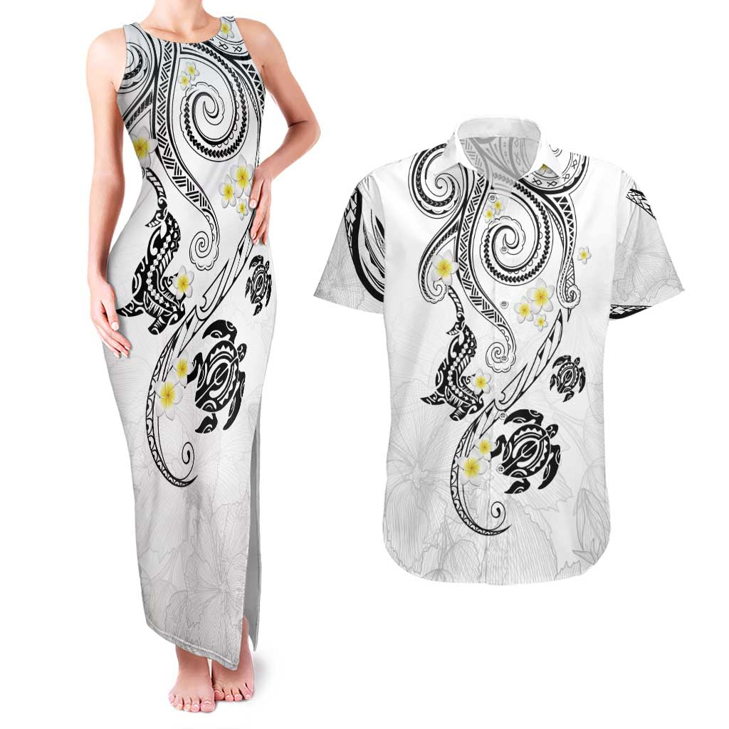 Polynesia Tribal Couples Matching Tank Maxi Dress and Hawaiian Shirt White Plumeria Tentacles