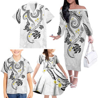 Polynesia Tribal Family Matching Off The Shoulder Long Sleeve Dress and Hawaiian Shirt White Plumeria Tentacles