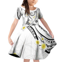 Polynesia Tribal Family Matching Off Shoulder Short Dress and Hawaiian Shirt White Plumeria Tentacles