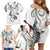 Polynesia Tribal Family Matching Off Shoulder Short Dress and Hawaiian Shirt White Plumeria Tentacles