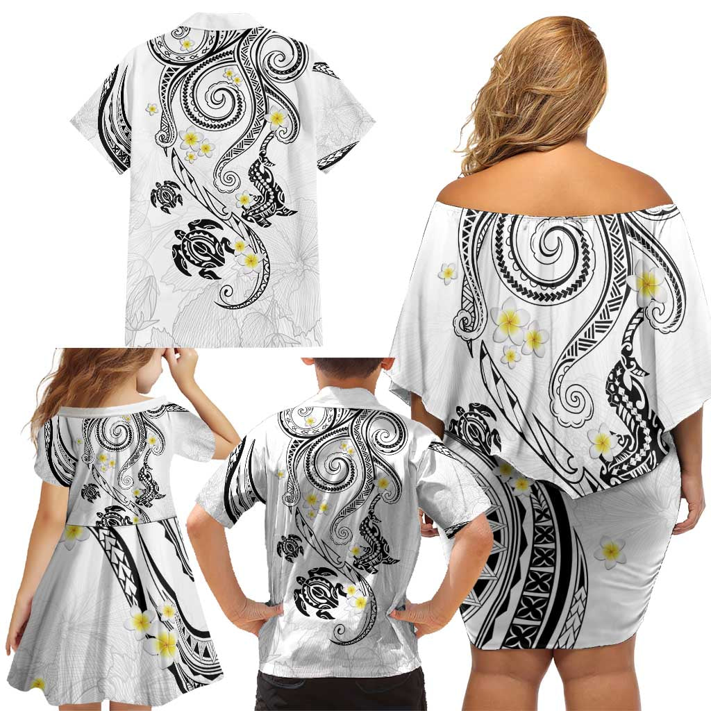 Polynesia Tribal Family Matching Off Shoulder Short Dress and Hawaiian Shirt White Plumeria Tentacles