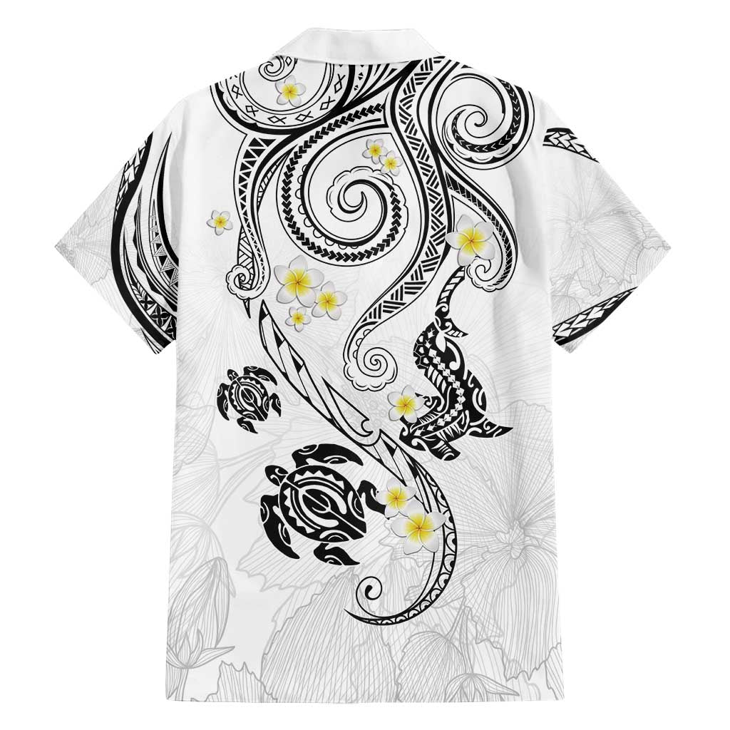 Polynesia Tribal Family Matching Off Shoulder Short Dress and Hawaiian Shirt White Plumeria Tentacles