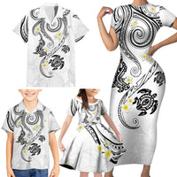 Polynesia Tribal Family Matching Short Sleeve Bodycon Dress and Hawaiian Shirt White Plumeria Tentacles