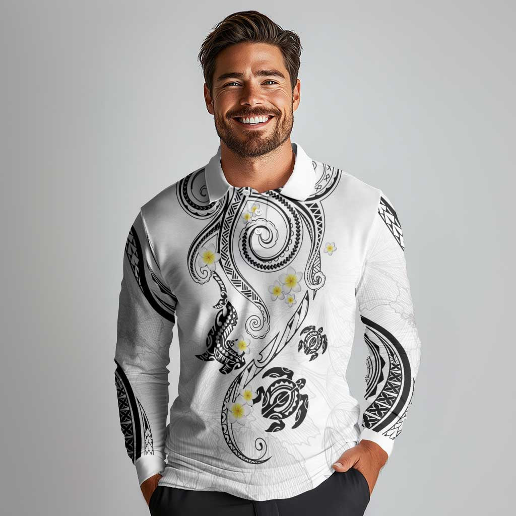Polynesia Tribal Long Sleeve Polo Shirt White Plumeria Tentacles