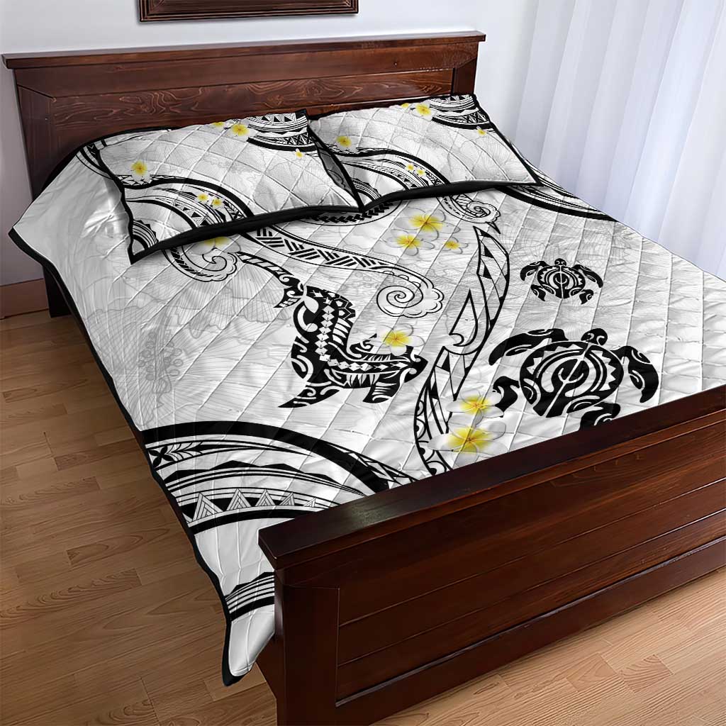 Polynesia Tribal Quilt Bed Set White Plumeria Tentacles
