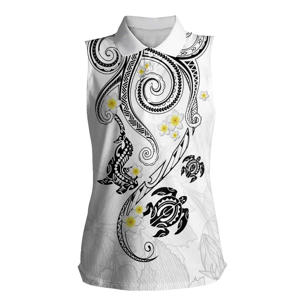 Polynesia Tribal Women Sleeveless Polo Shirt White Plumeria Tentacles