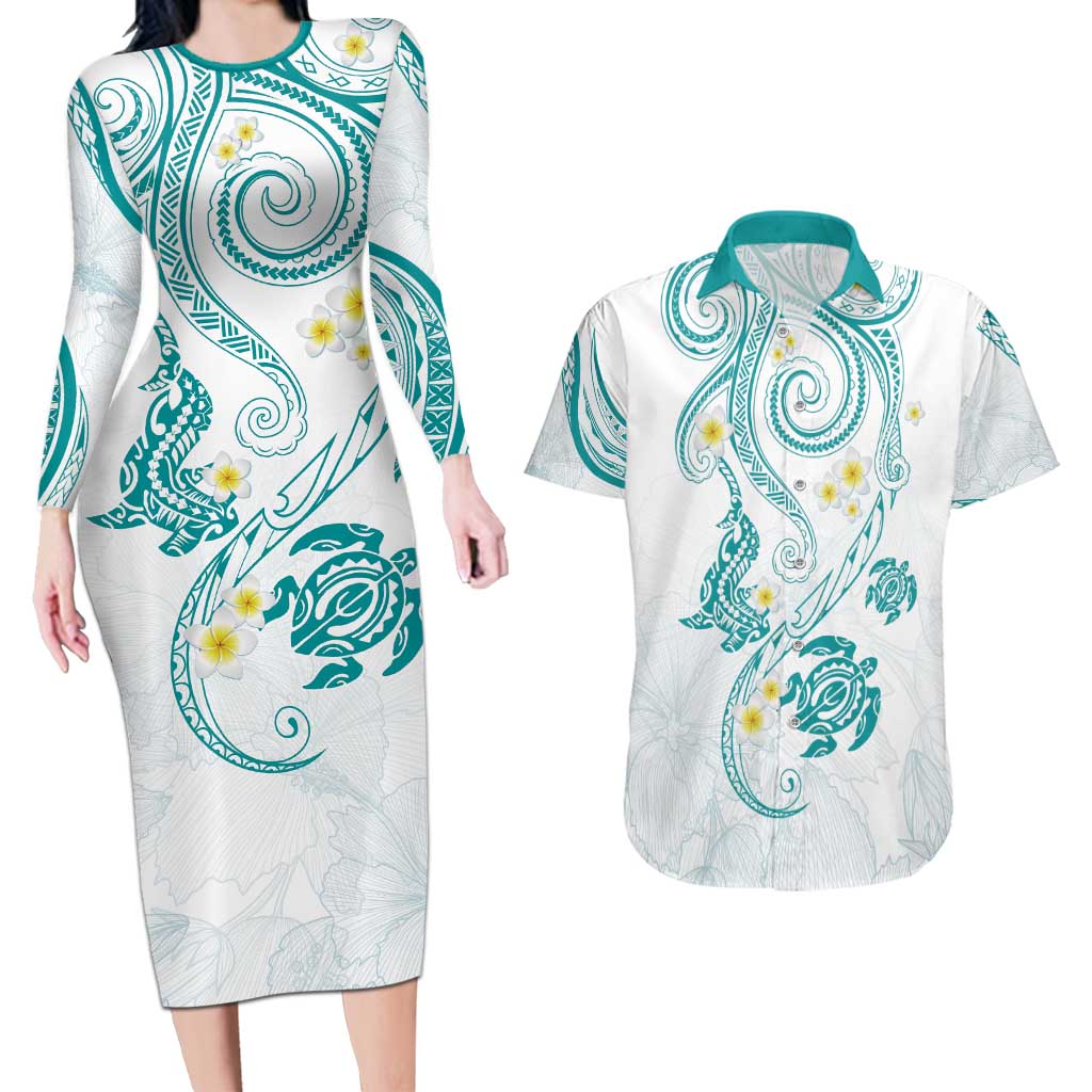 Polynesia Tribal Couples Matching Long Sleeve Bodycon Dress and Hawaiian Shirt Teal Plumeria Tentacles