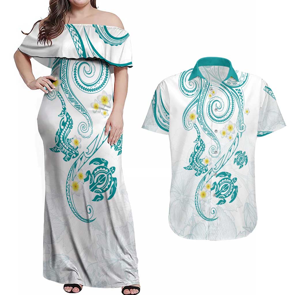 Polynesia Tribal Couples Matching Off Shoulder Maxi Dress and Hawaiian Shirt Teal Plumeria Tentacles