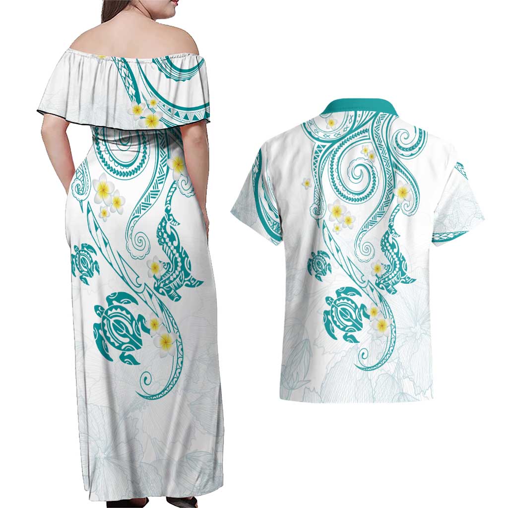 Polynesia Tribal Couples Matching Off Shoulder Maxi Dress and Hawaiian Shirt Teal Plumeria Tentacles