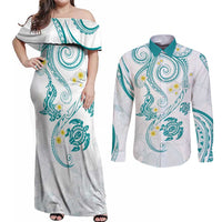 Polynesia Tribal Couples Matching Off Shoulder Maxi Dress and Long Sleeve Button Shirt Teal Plumeria Tentacles LT7 Teal - Polynesian Pride