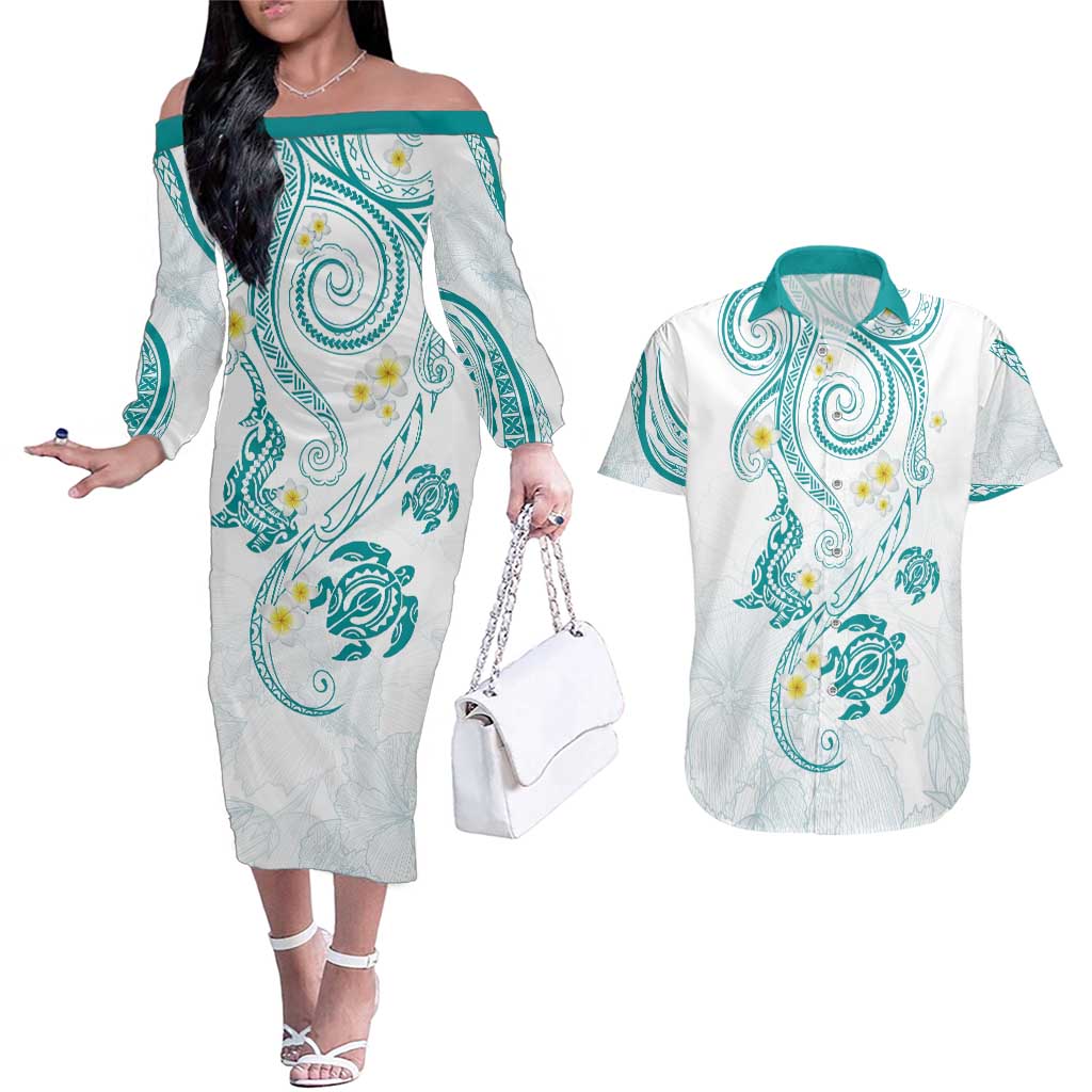 Polynesia Tribal Couples Matching Off The Shoulder Long Sleeve Dress and Hawaiian Shirt Teal Plumeria Tentacles