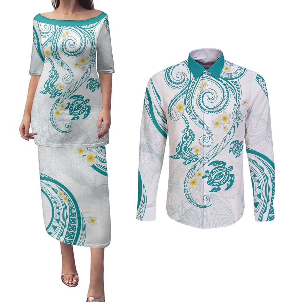 Polynesia Tribal Couples Matching Puletasi and Long Sleeve Button Shirt Teal Plumeria Tentacles