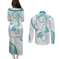Polynesia Tribal Couples Matching Puletasi and Long Sleeve Button Shirt Teal Plumeria Tentacles