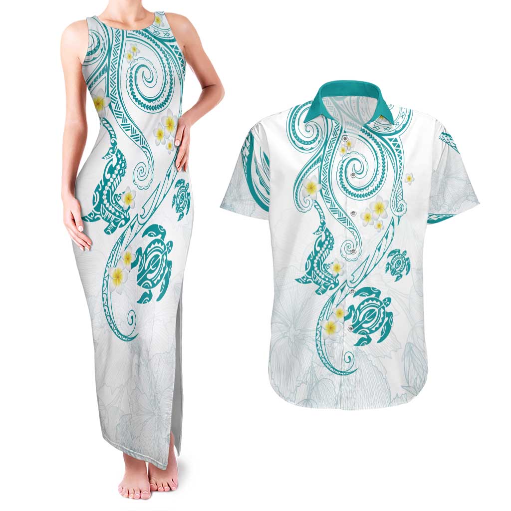 Polynesia Tribal Couples Matching Tank Maxi Dress and Hawaiian Shirt Teal Plumeria Tentacles