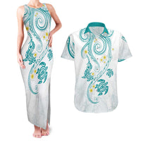 Polynesia Tribal Couples Matching Tank Maxi Dress and Hawaiian Shirt Teal Plumeria Tentacles