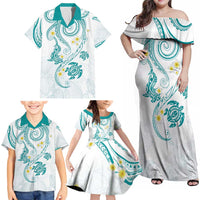 Polynesia Tribal Family Matching Off Shoulder Maxi Dress and Hawaiian Shirt Teal Plumeria Tentacles